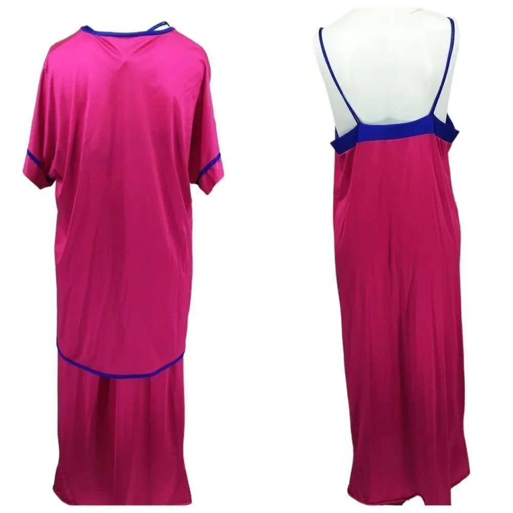 Vintage Pajama Chemise Cover Up Set Size M Pink Satin 80s Top Pajamas Nightgown - Picture 3 of 15